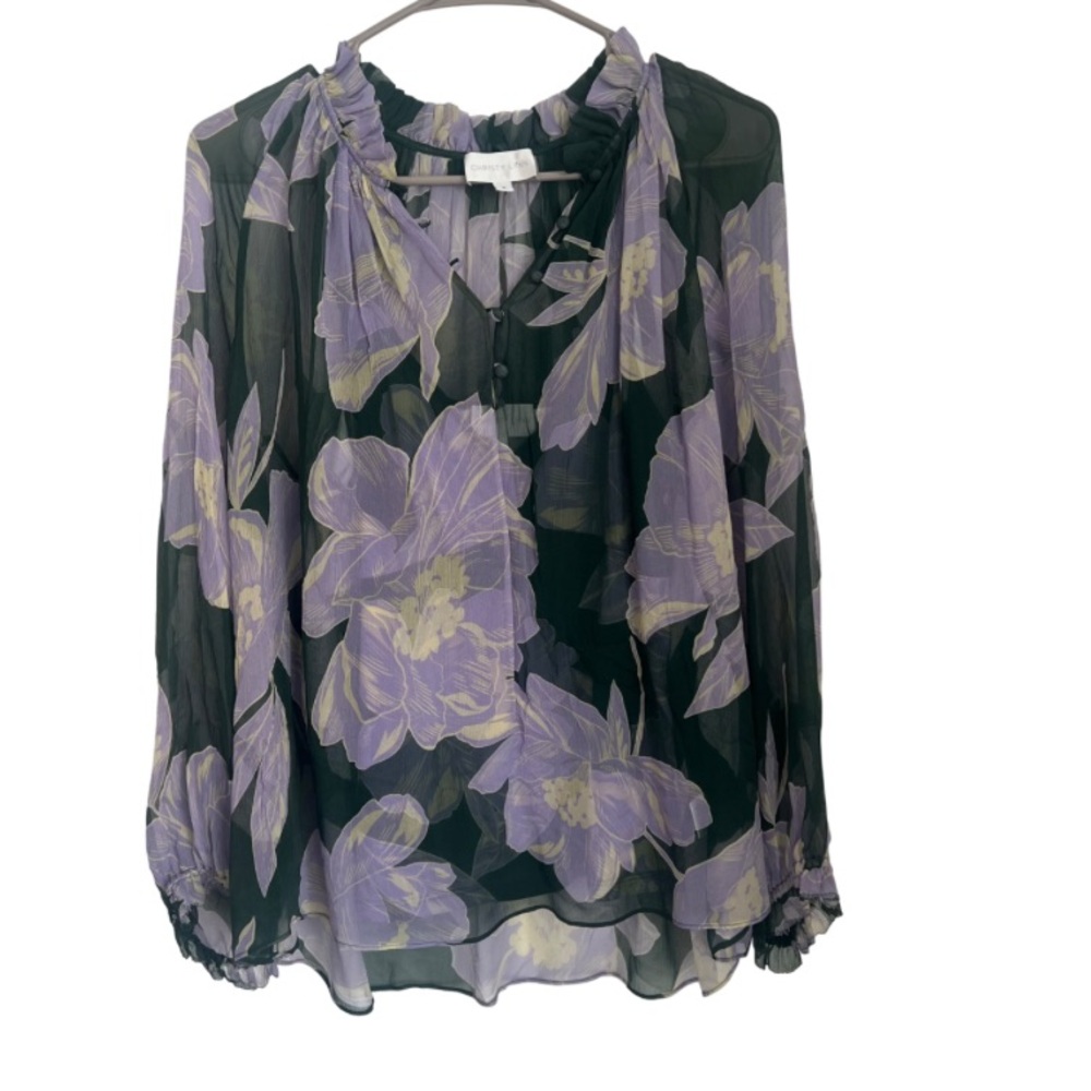 Christy Lynn Silk Green Purple Floral Print Top Women's Size Large